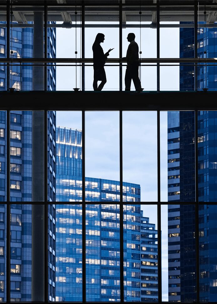 2 people talking with blue skyline